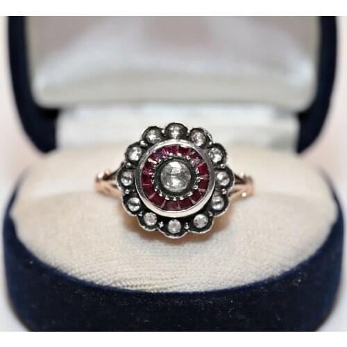 ANTIQUE STYLE 8K GOLD NEW MADE NATURAL ROSE CUT DIAMOND AND CALIBER RUBY RING