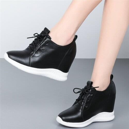 10cm High Heel Fashion Sneakers Women Lace Up Genuine Leather Wedges Ankle Boots Female Round Toe Platform Loafers Casual Shoes
