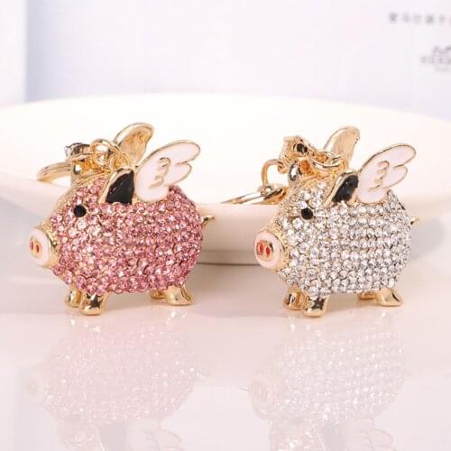 Lucky-Rhinestone-Crystal Animal-Pig Keychain zodiac-angel-wing Key chain Ring Metal Women Girl Car Gift Jewelry