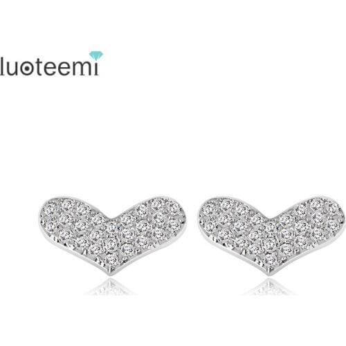 LUOTEEMI Brand Christmas Fashion Women Small Heart Shape Stud Earrings Full of Tiny Cubic Zirconia Jewelry for Women Wholesale