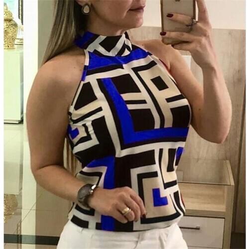 Trendy Tank Top Women Female Plus Size Geometric Print Halter Vest Tops Sexy Casual Sleeveless Off Shoulder Tee Shirt Tops