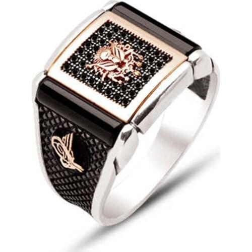 Silver Black Zircon Stone Detailed Male Ring