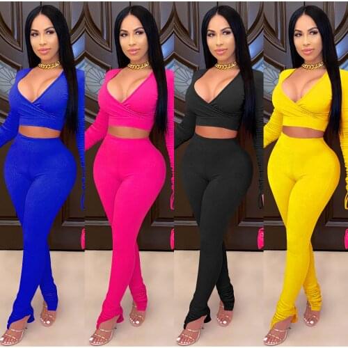 Pile Up long Sleeve Strap Irregular Short Top Knitted Large V-neck Two Piece Set of Womens Plus Size Outside Lounge Wear Jogger