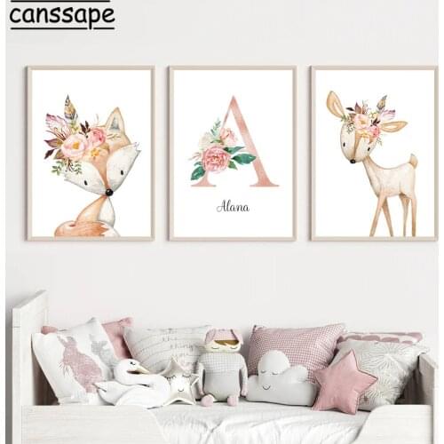 Woodland Animals Poster Nursery Wall Art Prints Fox Deer Canvas Painting Flower Print Nordic Wall Pictures For Baby Room Decor