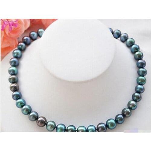 New Popular 9-10mm PEACOCK BLACK Freshwater cultured PEARL NECKLACE 18"