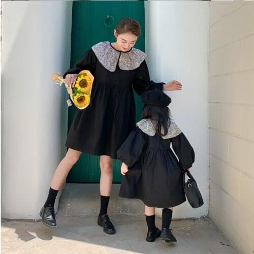 Parent-child wear 2020 autumn girl baby floral irregular collar dress retro Hepburn style dress