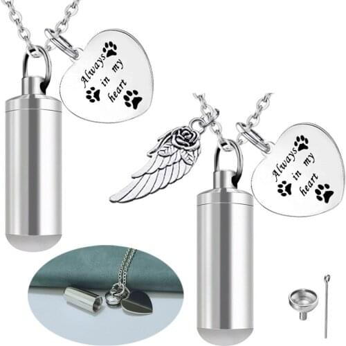 Pet Paw Memorial Cremation Urn Necklace for Ashes Keepsake Cylinder Heart Pendant Ash Holder Titanium Steel Necklace for Ashes