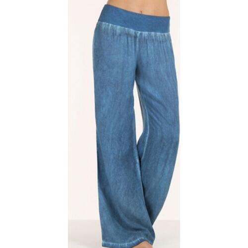 Casual Loose Solid Long Denim Pants Elastic Waist Mid Waist Pleated Fashion Wide Leg Pants Plus Size S-5XL