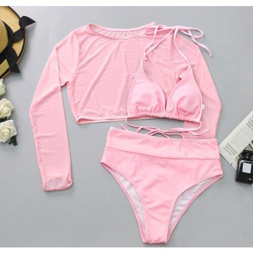 Sexy Neon Orange Bikini 2021 Women Long Sleeve Mesh Cover Up 3 Piece Swimsuit High Cut Push Up Bathing Suit High Waist Swimwear