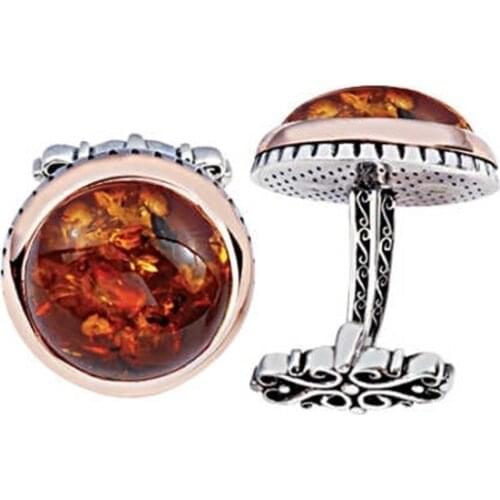 Silver Spin Amber Gemstone Round Pattern Cufflinks