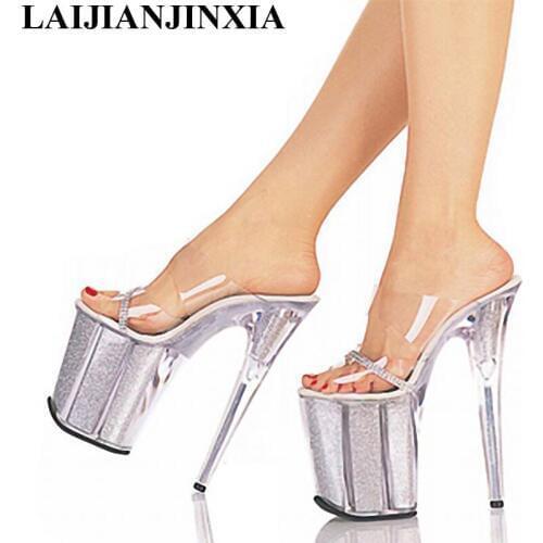 LAIJIANJINXIA 20cm High-heeled sandals, the new steel pipe shoes, transparent pu shoes ankle buckle sandals, fun dancing shoes