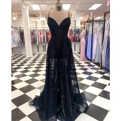Evening Dress 2020 Sexy V-Neck Spaghetti Strap Court Train Lace Appliques Backless Women Formal Gowns Prom Party See Through