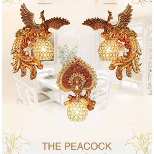 Vintage Art Resin Peacock Crystal Lampshade Led Wall Lamp Luxury Bedroom Wall Light Living Room Indoor Lighting Decor Sconce