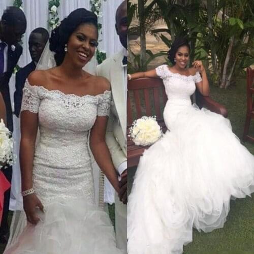South African Nigerian Lace Mermaid Wedding Dresses Off Shoulder Short Sleeves Court Train Appliques Backless Wed