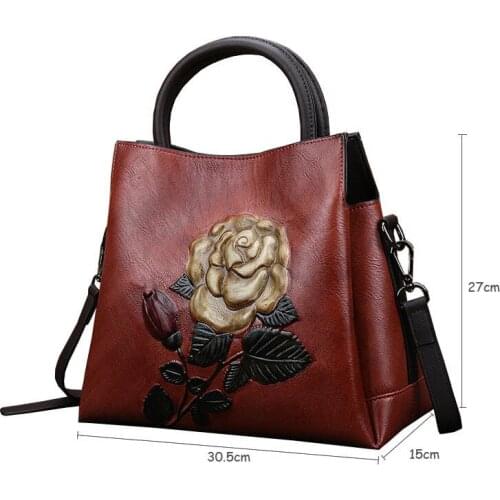 Female High Quality Leather Handbag Vintage Shoulder Bag Handmade Embossed Retro Bags for Women China Style Bucket Bags