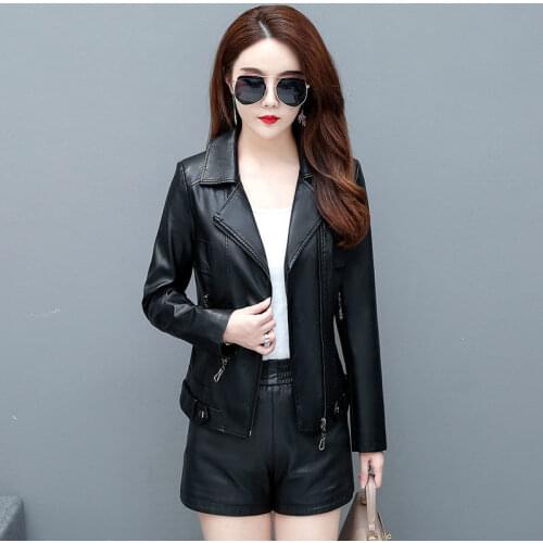 2021 New Spring Women Pu Leather Motorcycle Jacket Female Solid Color Jackets Ladies Turn-down Collar Loose Casual Outwear H1258