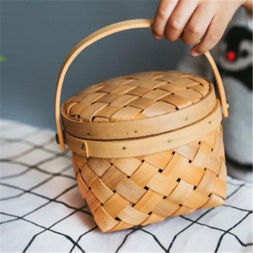 Handmade Rattan Basket Woven Bread Fruit Plant Basket Japanese Chip Egg Sundries Box Garden Handle Camping Picnic Snack Storage