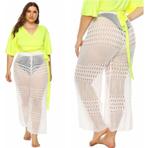Plus Size Beachwear Crochet Fishnet Beach Cover Up Beach Pants Swim Suit Cover Up Swimming Suit for Women Beach Cover Ups White