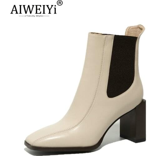 AIWEIYi Women Natural Genuine Leather Thick High Heels Ankle Boots Elastic Band Platform Pumps Round Toe Ladies Shoes