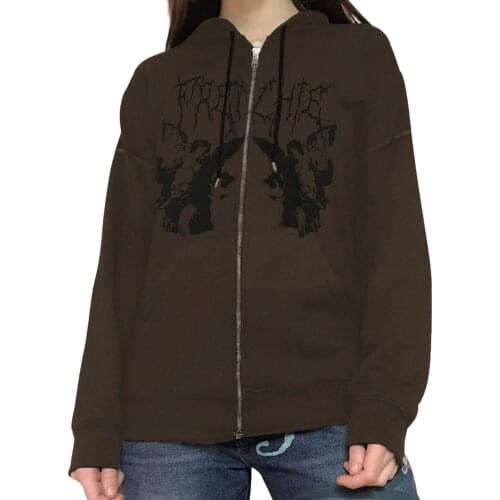 Female Autumn Sweatshirts Korean Zipper Up Hoodie Retro Printing Long Sleeve Hooded Pullover Oversized Harajuku Drawstring Coat