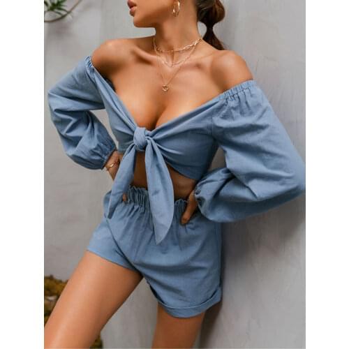Glamaker Blue 2 piece suit Women top with knotted on the chest and loose shorts Casual cotton comfortable suit Lady 2021new sets