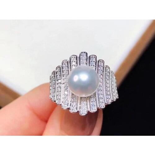 D915 Pearl Ring Fine Jewelry 925 Sterling Silver Round 10-11mm Nature Fresh Water White Pearls Rings for Women Fine Presents