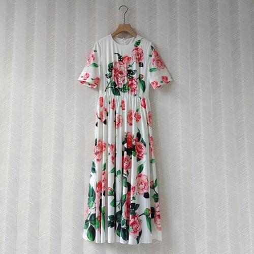 Summer 2021 Runways Floral print Beading Short sleeves Dress for women B705
