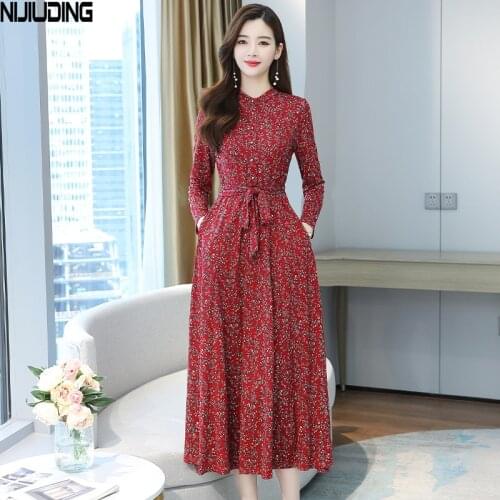 NIJIUDING Autumn Winter Lace Up Women Printing Dress Stand Collar Slim High Waist Casual Receive Waist Long Knitted Dress Female