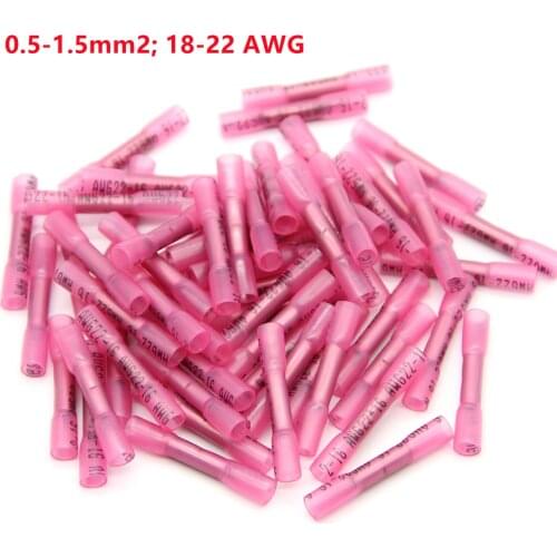 100/50PCS Red Electrical Heat Shrink Butt Crimp Terminals Waterproof Fully Insulated Seal Wire Connectors Assortment 22-16 AWG
