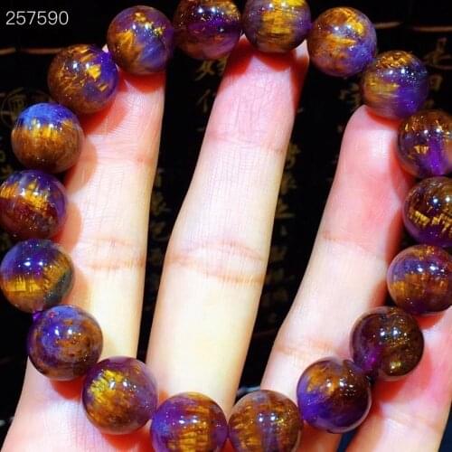 11.7mm Natural Gold Cacoxenite Purple Rutilated Quartz Bracelet Women Men Stretch Crystal Clear Round Beads AAAAAA
