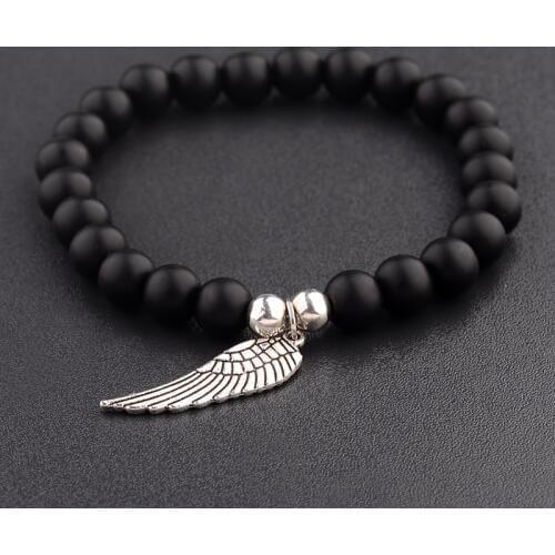 2020 Silver Color Wing Shape Natural Stone Beads Bracelet Homme Men Womens Handmade Black Bracelets Dropshipping
