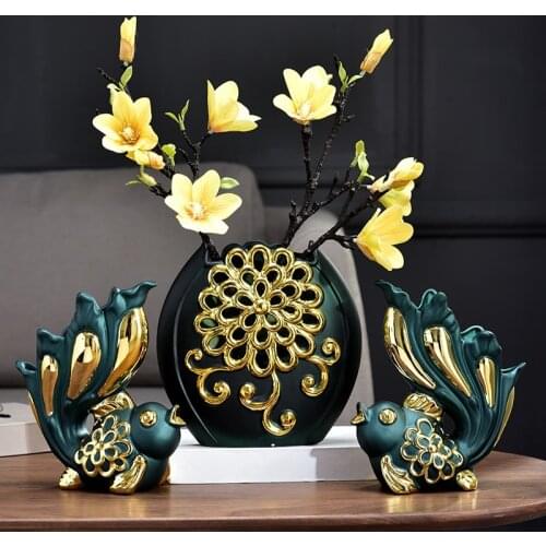 European Ceramic Goldfish Vase Fake Flower Ornaments Home Livingroom Desktop Furnishing Crafts TV Cabinet Figurines Decoration