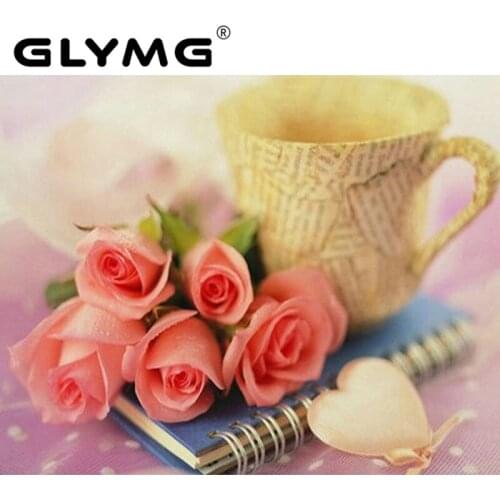 GLymg Embroidery Handicraft Diy Diamond Painting Pink Rose Cup Diamond Stitch Painting Diamond Embroidery Restaurant Decoration