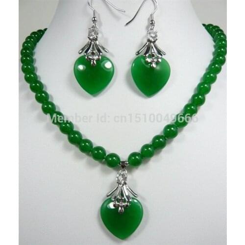 Hot sale 8mm green stone necklace heart love pendant earrings set