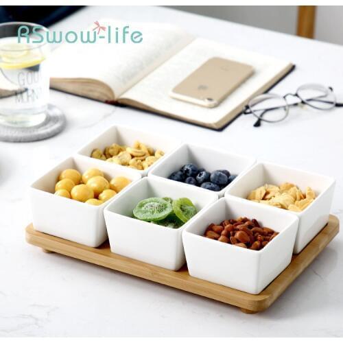 Chinese Style Ceramic Square Snacks Fruit Divider Set Dry Fruit Snack Candy Nut Snack Dish Combination with Wooden Bracket