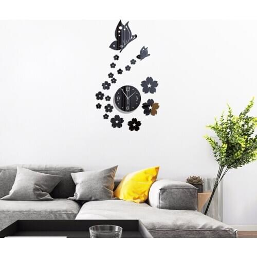 Round Mirror Wall Clock with Butterfly Flowers, Large Size Silent 3D Frameless Wall Clock Stickers DIY Wall Decoration, 4 Colors