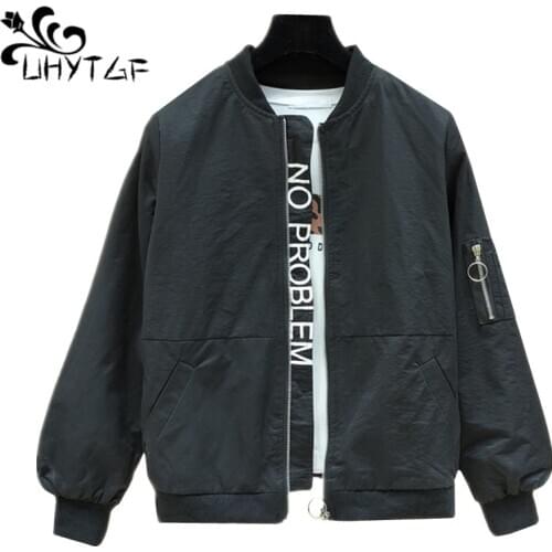 UHYTGF Womens spring jacket fashion zipper baseball uniform loose autumn coat Female bomber short tops outerwear plus size 1499