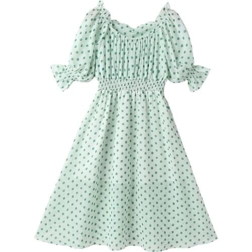 3-12 Yrs Girls' Dress For Summer 2021 New Chiffon Polka Dot Puff Sleeve Girl Princess Dress For Leisure Beach Childrens Clothes