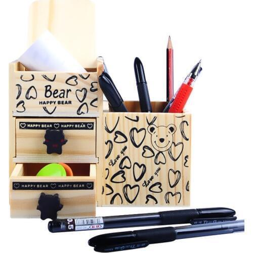 Kawaii Cute Bear Cartoon Wooden Pen Holder Desk Tidy Stationery Organizer Pencil Holders Pens Pots Office School Supplies