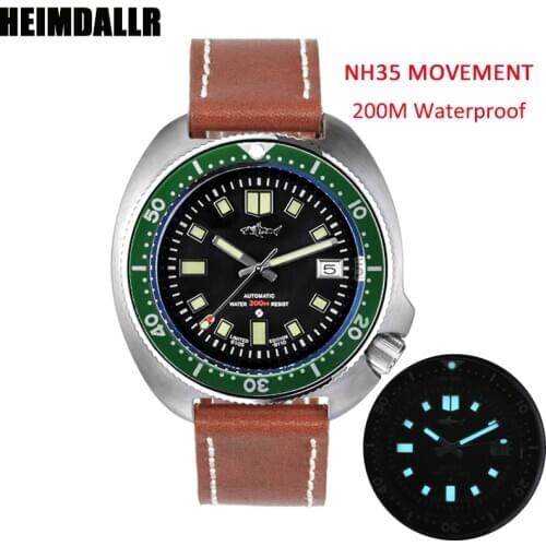 Heimdallr Mens Diving Watch Sapphire Crystal 44mm Black Dial Green Bezel 200M Water Resistance NH35A Automatic Movement Watches