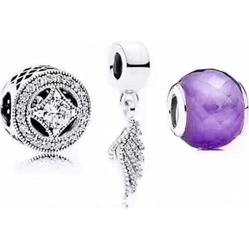 NEW 100% 925 Sterling Silver Sparkling Gem Charm Beaded Feather Pendant Purple Cut Glass Bead Set Elegant and Elegant Gift