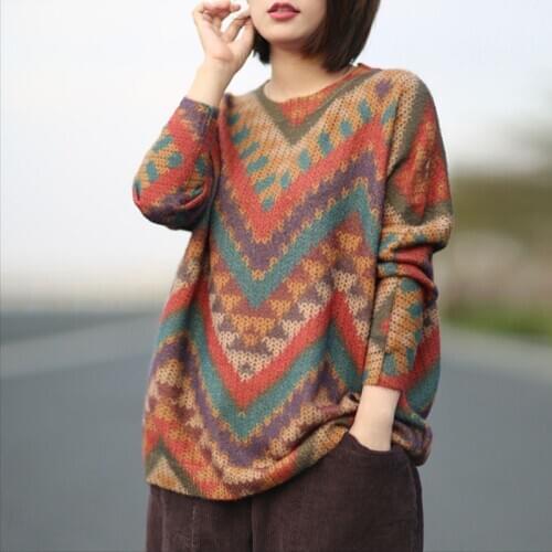 Casual Pullovers Femme Long Sleeve Autumn Winter Outerwear Literary Mori Girls Geometric Pattern Female Knit Sweater Retro Pull