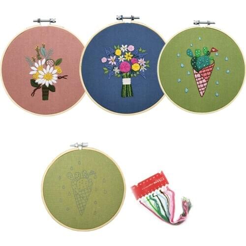 Easy DIY Flower Embroidery Kit with Bamboo Hoop for Beginner Needlework Handmade Cross Stitch Sewing Art Craft Home Decor