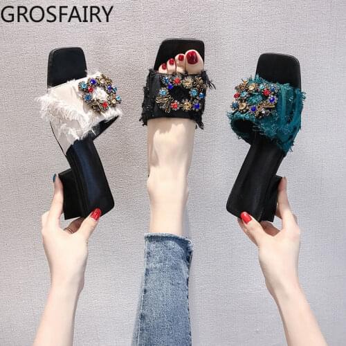 Women Slippers Thick Heel Slippers Women, Rhinestone Plush Womens Shoes Mid-heel Square Toe Net Celebrity One-word Slippers