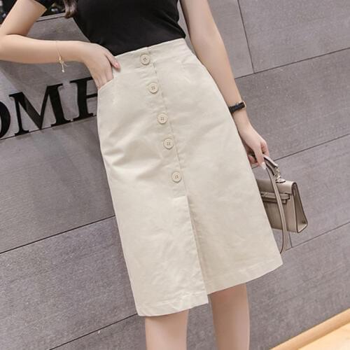 Faldas Mujer Moda 2020 Elegant Slim Women Midi Skirt Spring Summer Single-breasted Skirts Saia High Waist Office Jupe Femme
