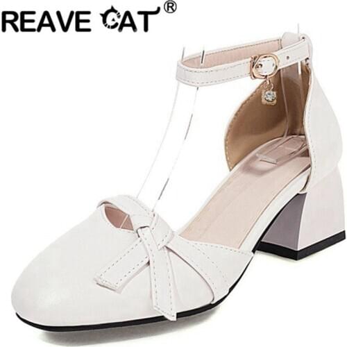 REAVE CAT New 2021 Women Pumps Round Toe 5cm Block Heels Buckle Concise Bowtie Pearl Bling Student Soft Big Size 32-46 A3803