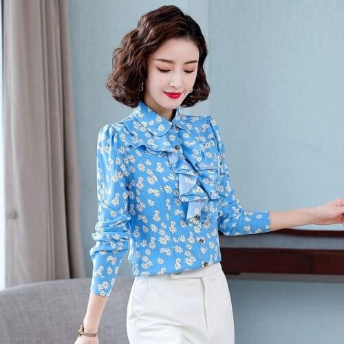Victorian Womens Tops Daisy Print Ruffle Long Sleeve Frill Business Shirt OL Office Elegant Blouse Autumn Trendy Tops Womens