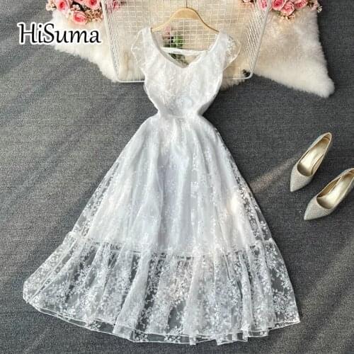 2021 summer new women v-neck embroidery blackless ruffles flying sleeves lace A-line dress female Chic elegant party dresses