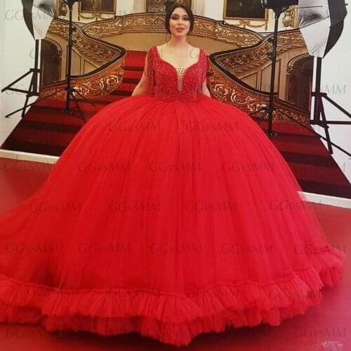 Red Beading Wedding Gown 2021 Women Crystal robe de mariée Illusion Corset Tulle Fluffy Bridal Dresses Custom Made suknia slubna