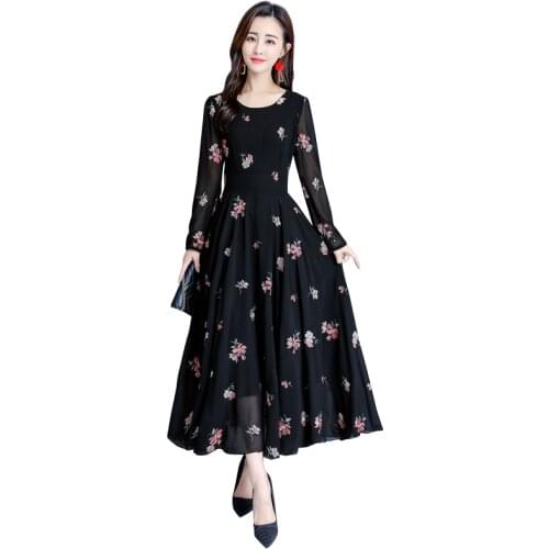 Spring New Bohemia Chiffon Dress Female Sexy Long Sleeve Embroidered Round Neck Long Swing Fairy Long Dresses Women